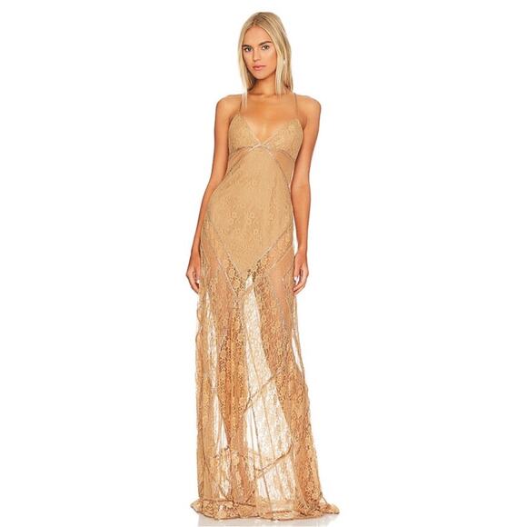 Retrofete Gianni Sequin Beaded Embellished Sheer Lace Champagne Maxi Dress Sz S - Picture 4 of 12